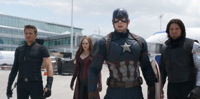 Marvel's Captain America: Civil War med Hawkeye/Clint Barton (Jeremy Renner), Scarlet Witch/Wanda Maximoff (Elizabeth Olsen), Captain America/Steve Rogers (Chris Evans), and Winter Soldier/Bucky Barnes (Sebastian Stan). Foto: Film Frame. © Marvel 2016